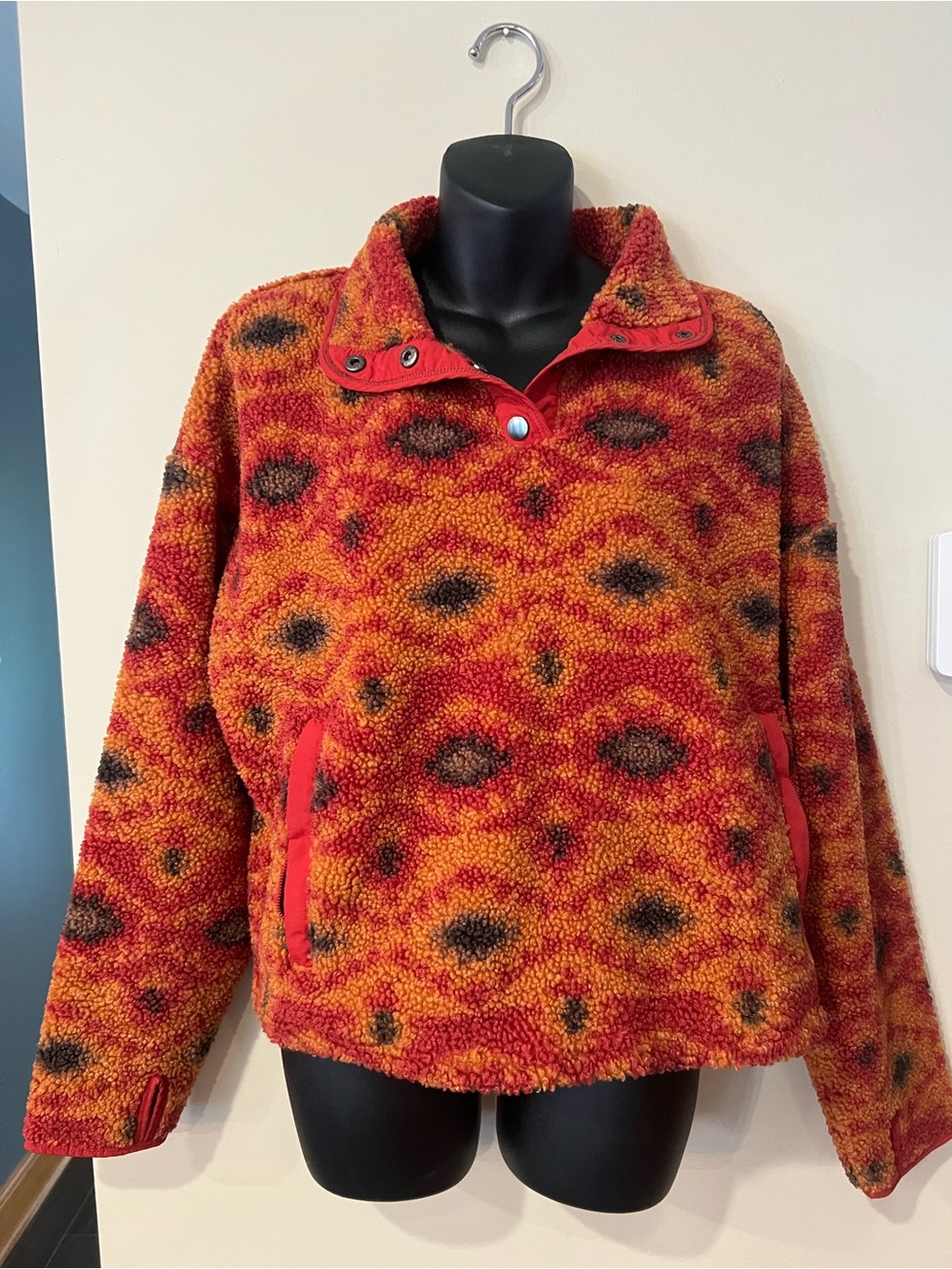 Plush Red & Orange Patterned Sherpa Pullover Jacket